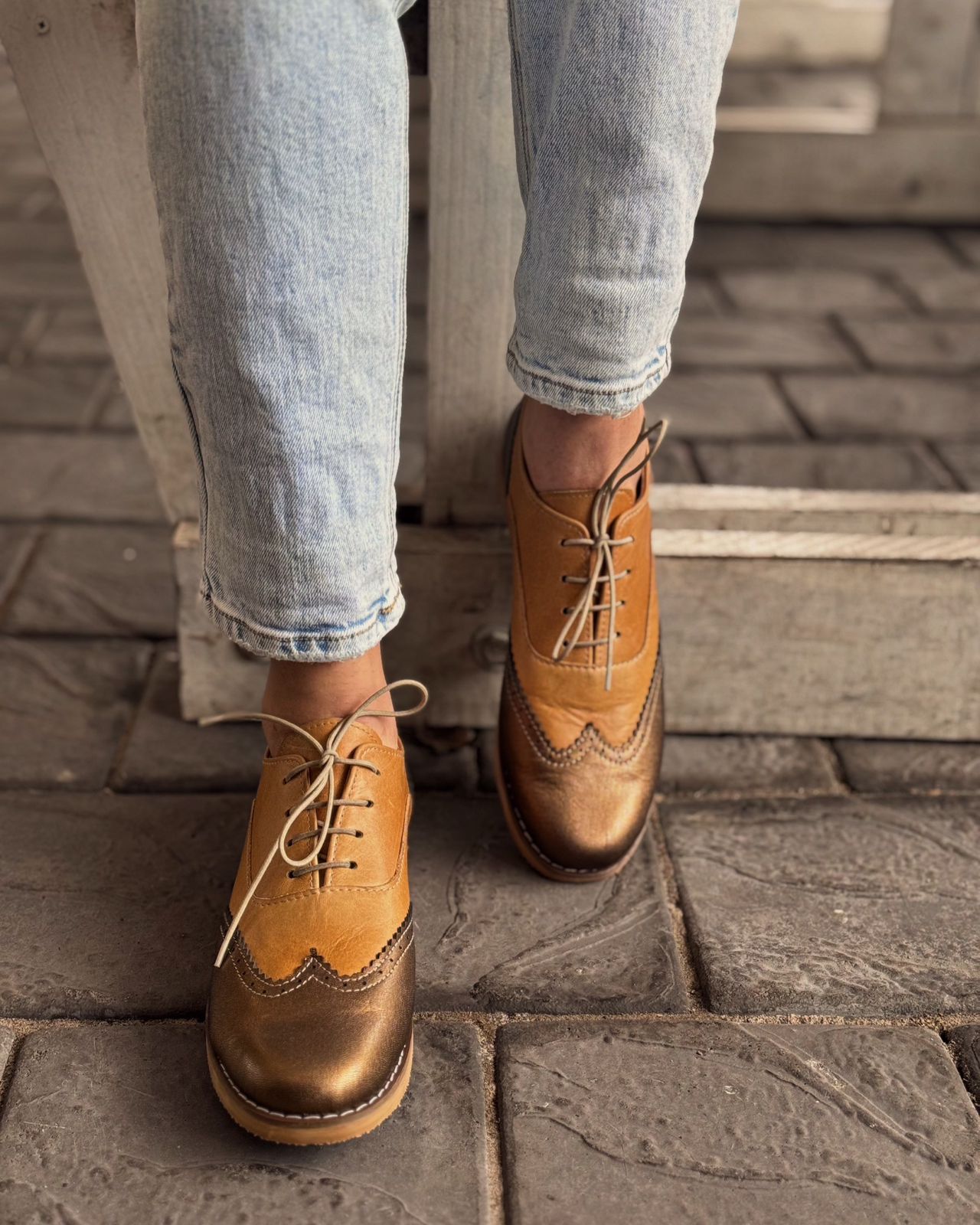 Gold leather suede shoe